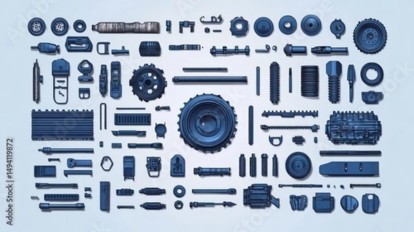 Obraz Array of various mechanical and automotive parts laid out neatly on a light background evoking organization and precision