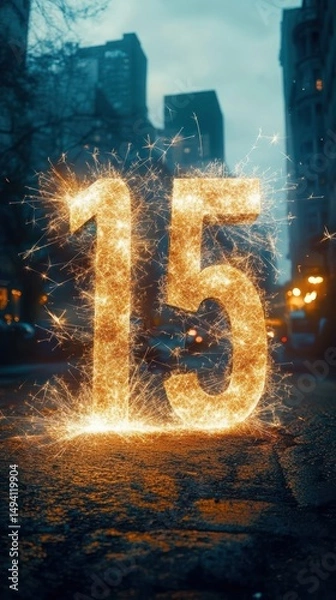 Obraz Bright glowing golden sparklers forming the number fifteen on a city street at dusk with blurred buildings and streetlights in the background