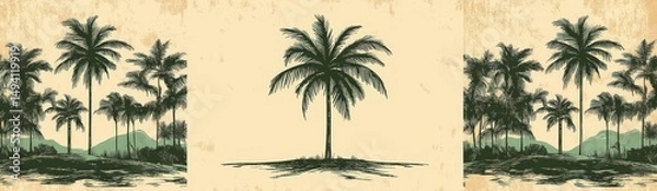 Obraz Vintage style illustration of various palm trees and tropical foliage with distant hills on a textured beige background