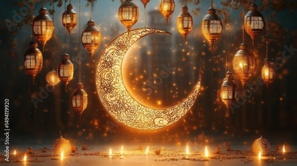 Obraz Intricately designed glowing crescent moon surrounded by hanging ornate lanterns and lit candles creating a warm, magical ambiance
