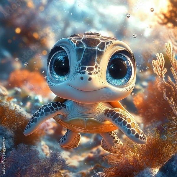 Obraz Adorable young sea turtle swimming underwater surrounded by colorful coral and bubbles with big expressive eyes