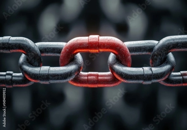 Obraz close-up of metal chain links with one link glowing red symbolizing strength and connection