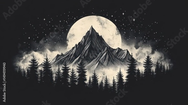 Obraz Monochrome illustration of a rugged mountain peak rising above a dense pine forest under a large full moon and a starry night sky