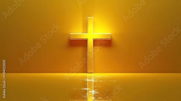 Obraz Glowing illuminated cross on a smooth reflective surface with warm golden yellow background radiating light and reflections