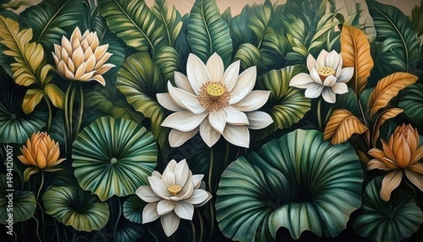 Obraz Close-up of lush tropical green leaves with several blooming white and orange lotus flowers creating a vibrant natural scene