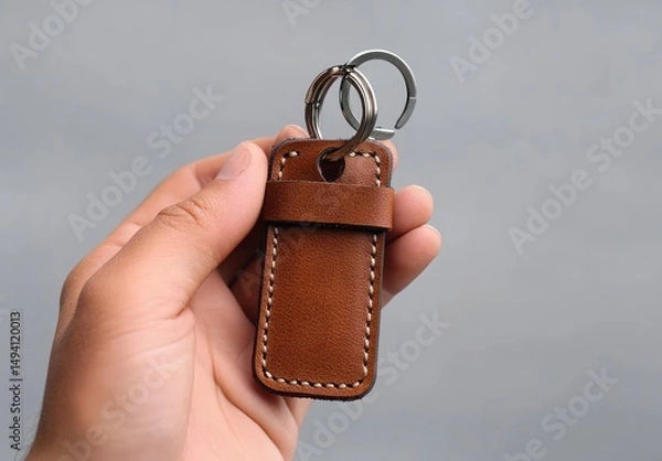 Obraz Hand holding a simple brown leather keychain with stitching detail against a plain neutral background