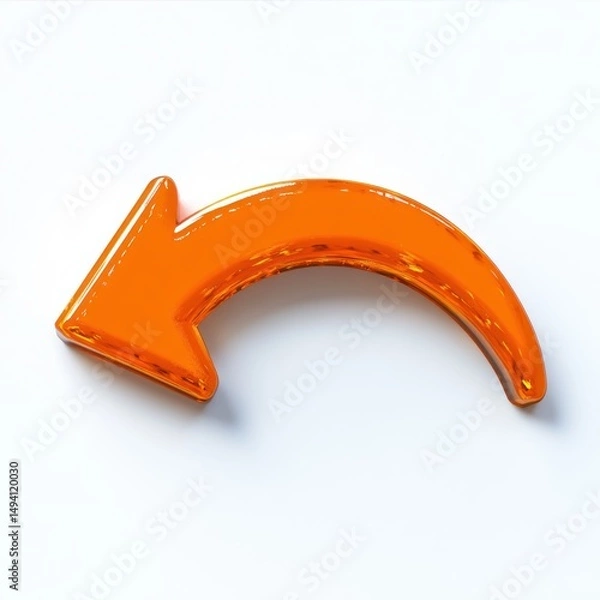 Obraz Glossy orange curved arrow pointing left casting shadow on white background