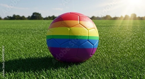 Fototapeta A vibrant rainbow-colored soccer ball, symbolizing LGBTQ+ pride and inclusion, rests on a sunlit green grass field outdoors.