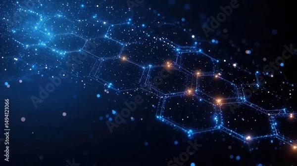 Fototapeta Glowing hexagonal digital network with blue and orange light points on a dark background creating a futuristic and technological atmosphere