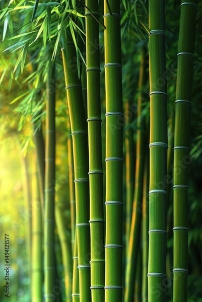 Fototapeta Close-up view of tall green bamboo stalks with leafy branches in soft natural light creating a serene and calming atmosphere