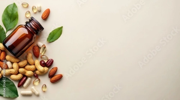 Obraz Daily wellness setup with vitamin bottle and a small pile of nuts on neutral background