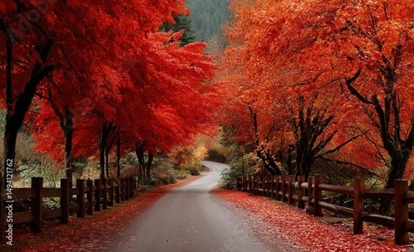 Fototapeta Autumn Road Lined With Red Trees