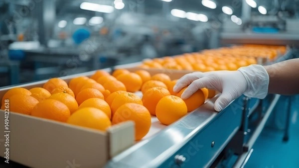 Fototapeta Orange sorting process food processing plant industrial production clean environment close-up view quality control techniques