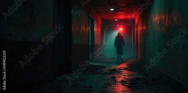 Fototapeta A shadowy figure lurking in a dark, dilapidated hallway, a single flickering light casting long, distorted shadows A sense of dread and impending doom permeates the image , hallway, tension, creepy
