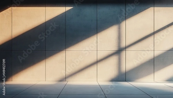 Obraz Empty modern interior wall with large tiles illuminated by sunlight casting geometric shadows creating a calm atmosphere