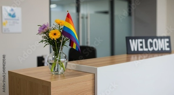 Fototapeta A Warm Welcome at an Inclusive Reception Area Featuring a Colorful LGBTQ+ Pride Flag and a Bright Floral Arrangement