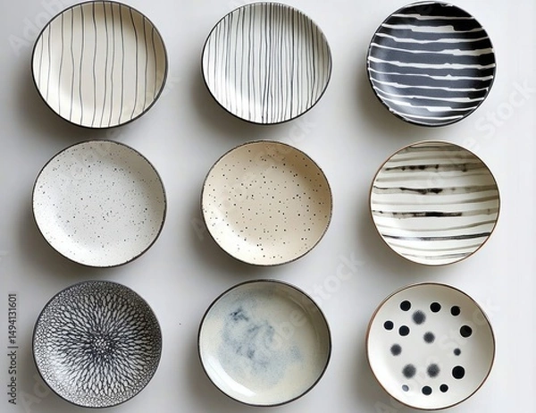 Fototapeta Nine ceramic bowls arranged in a grid on a white surface featuring various black and white patterns including lines, dots, and abstract designs