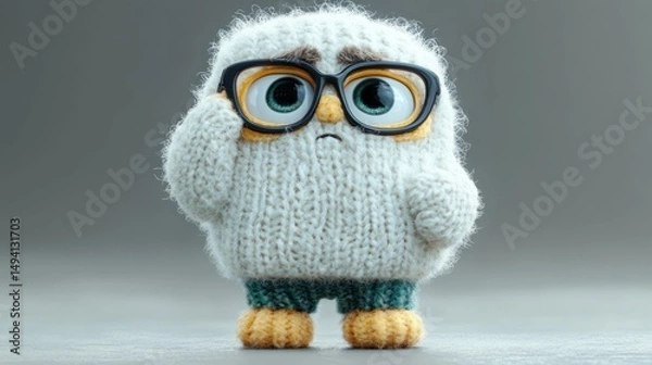 Fototapeta Small handmade knitted owl with large expressive eyes, wearing black glasses and green pants, standing on a gray surface with a sad or thoughtful expression