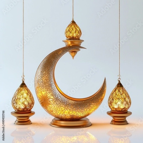 Fototapeta Intricately designed golden crescent moon sculpture flanked by two matching ornamental lanterns emitting warm light on a reflective surface