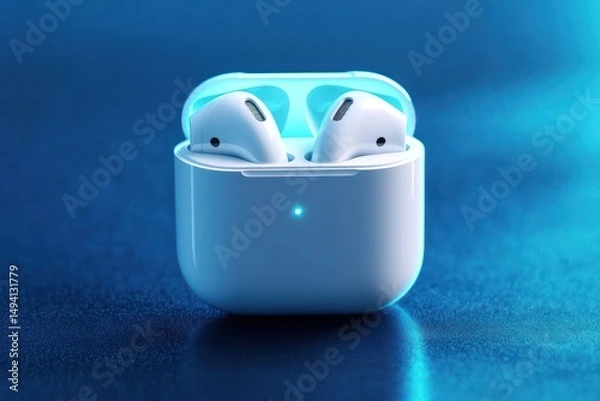 Fototapeta Pair of white wireless earbuds resting inside an open charging case on a blue textured surface with soft lighting