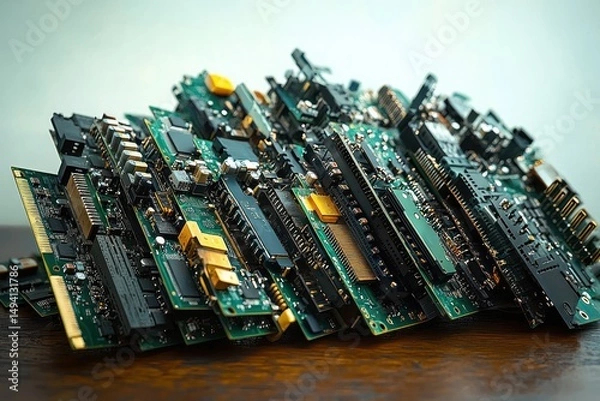 Fototapeta Close-up view of multiple stacked electronic circuit boards with various chips, connectors, and components on a wooden surface showing detailed technology elements