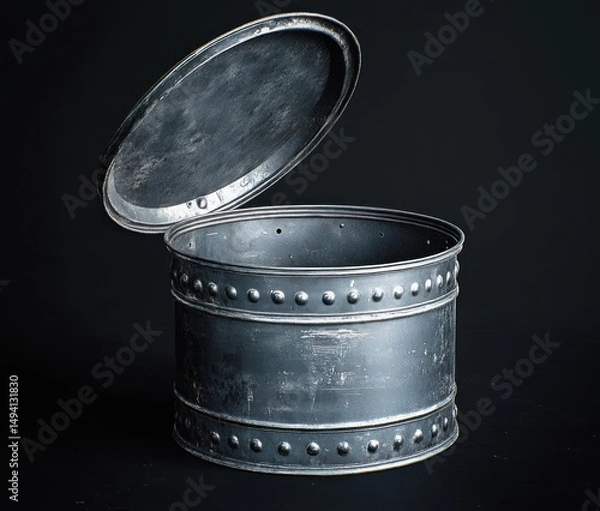 Fototapeta Old cylindrical metal container with riveted bands and open lid on dark background