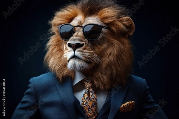 Fototapeta Confident lion with full mane wearing sunglasses and a patterned tie and pocket square dressed in a formal blue suit against a dark background
