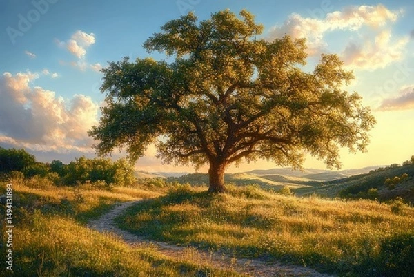 Fototapeta A large solitary tree standing on a grassy hill bathed in golden sunlight with a winding dirt path leading towards it under a partly cloudy sky