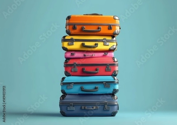 Fototapeta Stack of colorful vintage suitcases in orange, yellow, pink, red, blue, and navy against a plain blue background symbolizing travel and adventure