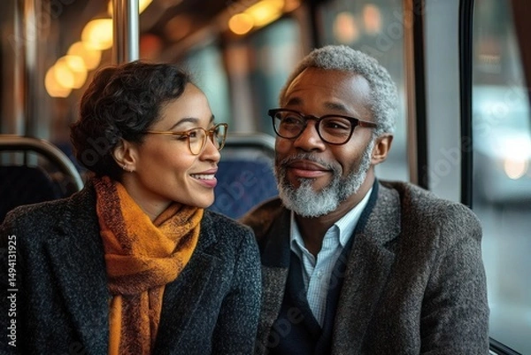 Fototapeta A mature couple with glasses warmly dressed in coats and scarf sitting closely together on a train looking at each other with smiles and affection