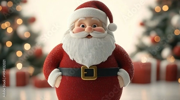 Fototapeta Cheerful Santa Claus figure with rosy cheeks and white beard standing with hands on hips in festive setting with blurred Christmas trees and gifts in background