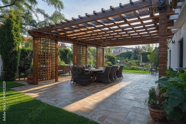 Fototapeta Outdoor patio area with a large wooden pergola casting shadows over a dining table and wicker chairs surrounded by green lawn and garden plants in a sunny backyard