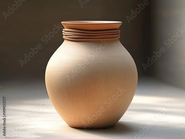Fototapeta Simple beige ceramic pot with a rounded body and a rolled rim placed on a smooth surface with soft light and shadows