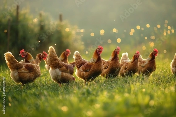 Fototapeta Group of brown chickens standing and walking on green grass field with sunlight and blurred background creating warm and peaceful atmosphere