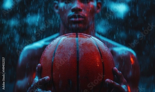 Fototapeta Close-up of a person holding a basketball tightly in the rain with water droplets falling, evoking determination and focus in a moody blue and red lighting