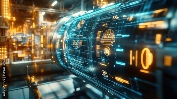 Fototapeta Futuristic industrial machine with glowing digital interface and holographic data displays in a high-tech environment