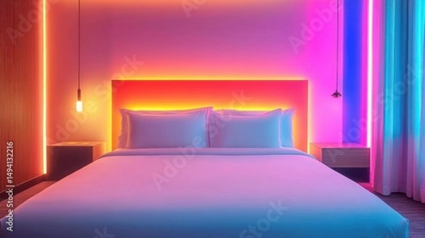 Fototapeta Modern bedroom with large bed, glowing colorful neon lights behind headboard, minimalistic bedside tables, hanging bulbs, and curtains