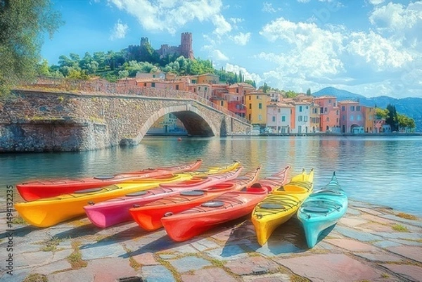 Fototapeta Colorful kayaks lined up on stone shore beside calm water with a historic stone bridge, pastel buildings, and hilltop castle under a bright blue sky with clouds