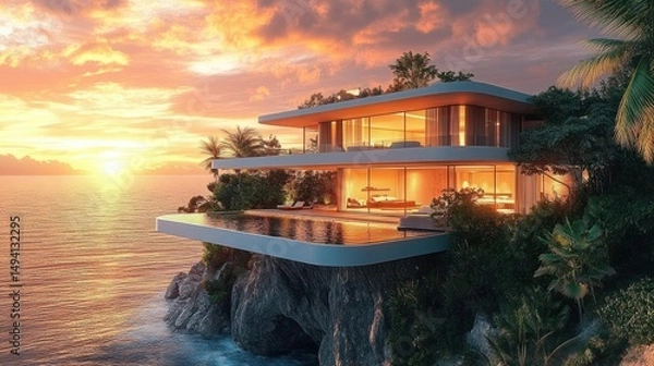 Fototapeta Modern luxury house with large glass windows and an infinity pool perched on a cliff overlooking the ocean at vibrant sunset