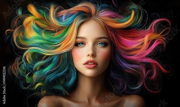 Fototapeta Portrait of a young woman with striking blue eyes and vibrant, flowing multicolored hair against a dark background, expressing calm confidence and beauty