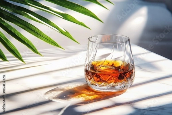 Fototapeta Crystal glass with amber liquid and ice casting warm shadows on a white marble surface with green palm leaves overhead in soft natural light