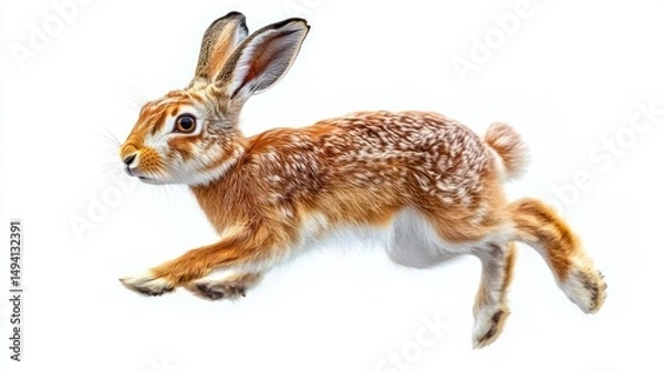 Fototapeta brown rabbit mid-jump isolated on white background showing detailed fur and alert expression