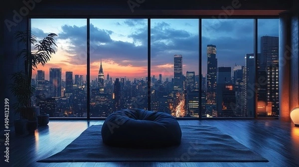Fototapeta Modern room interior with large floor-to-ceiling windows showcasing a vibrant city skyline at sunset with illuminated skyscrapers and a cozy bean bag on a rug
