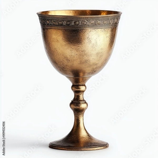 Fototapeta antique golden goblet with intricate engraved border on a white background
