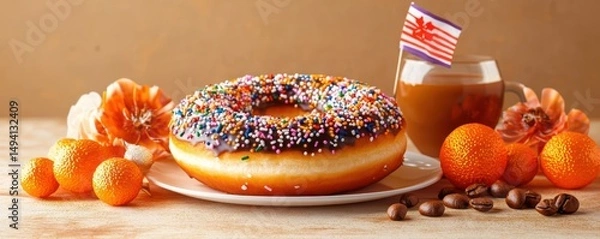 Fototapeta Chocolate frosted donut with rainbow sprinkles on white plate surrounded by fresh citrus fruits, coffee beans, and a glass cup of coffee with a small flag