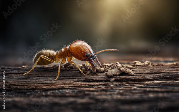 Obraz This close-up image captures a termite diligently working on wood, showcasing its intricate details and role in the ecosystem as a natural recycler.