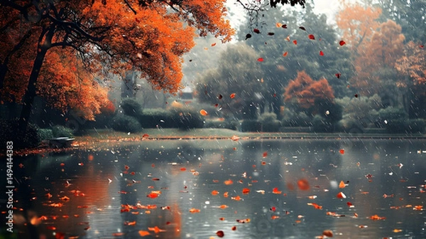 Fototapeta Autumnal scene by a tranquil lake with falling leaves.