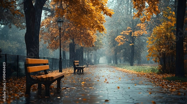 Fototapeta Autumnal park path, wet and golden, under a misty sky.
