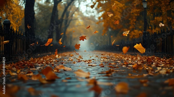 Fototapeta Autumnal pathway lined with fallen leaves in the rain.