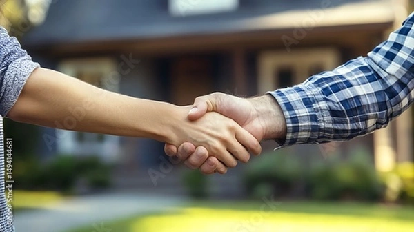Obraz Handshake in front of house with real estate deal, buying a home, and partnership.